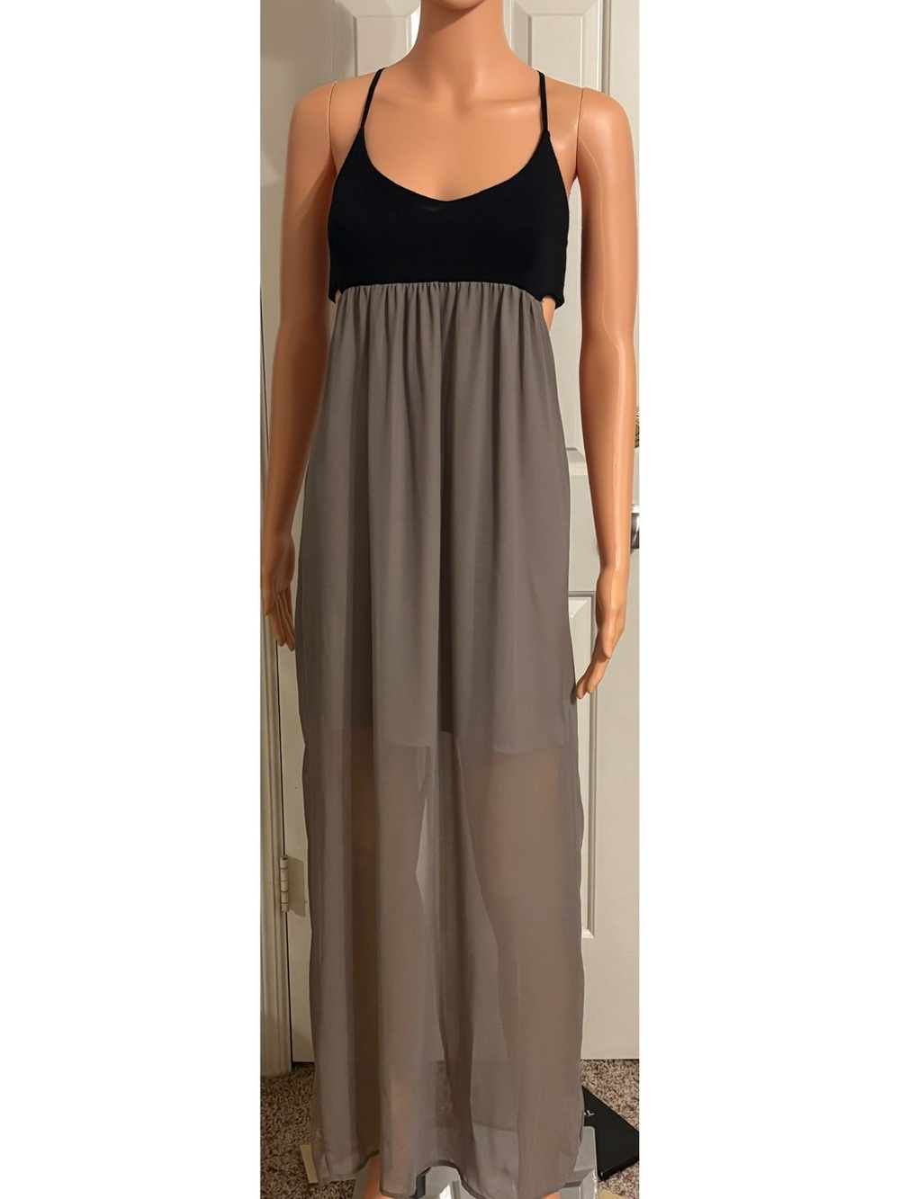 Foreign Exchange Black Top with Taupe Sheer Maxi Dress And Peek-A-Boo Sides